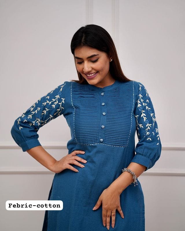 Blue Kurti Pant Set with Embroidery & Pintex Detailing